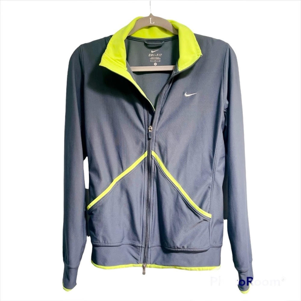Nike Dri-fit running jacket zip front, gray and neon yellow, size medium